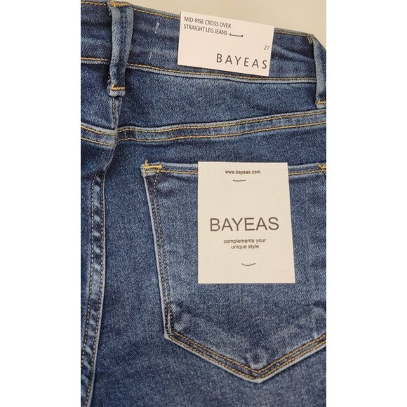 Bayeas Jeans Mid Rise Cross Over Button Straight Leg Denim Womens Size 27 NEW - Picture 5 of 11
